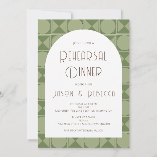 Mid Modern Geometric Sage Green Probe Dinner Einladung (Vorderseite)