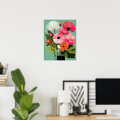 Midcentury-Modern-Blumenkunst mit rosa Mohn an der Poster (Heimbüro)