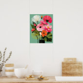 Midcentury-Modern-Blumenkunst mit rosa Mohn an der Poster (Küche)