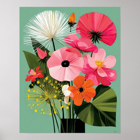 Midcentury-Modern-Blumenkunst mit rosa Mohn an der Poster (Vorne)