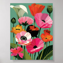 Midcentury-Modern-Mohn-Blumen-Wandkunst