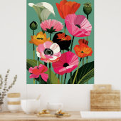 Midcentury-Modern-Mohn-Blumen-Wandkunst Poster (Küche)