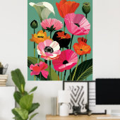 Midcentury-Modern-Mohn-Blumen-Wandkunst Poster (Heimbüro)