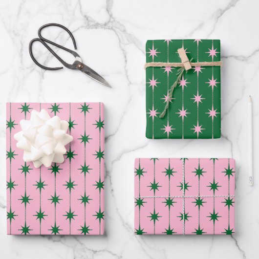 Midcentury Modern Retro Christmas Starbursts Geschenkpapier Set (Vorderseite)