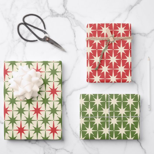 Midcentury Modern Retro Christmas Starbursts Geschenkpapier Set (Vorderseite)