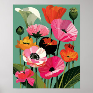 Midcentury Moderner Mohnblumen-Wandkunst Poster
