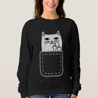 Middle Finger Cat Pocket Funny Cartoon Cat White P Sweatshirt