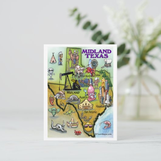Midland Texas Cartoon Map Postkarte (Stehend Vorderseite)