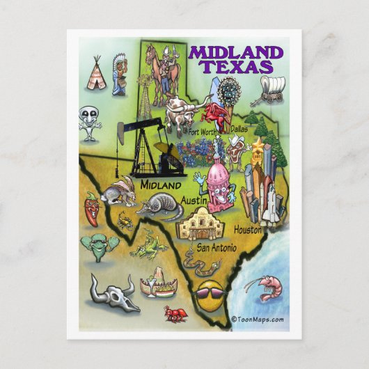 Midland Texas Cartoon Map Postkarte (Vorderseite)