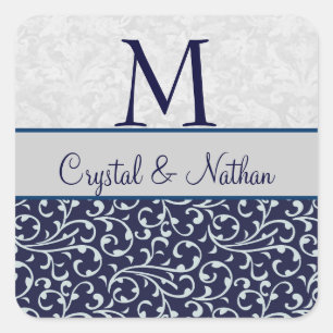 MIDNIGHT and SILVER Damask Wedding Monogram Quadratischer Aufkleber