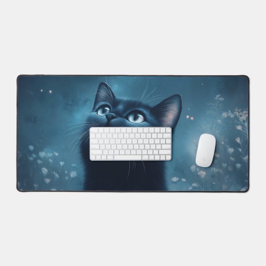 Midnight Black Cat Stargazing Night Sky Schreibtischunterlage (Tastatur & Maus)