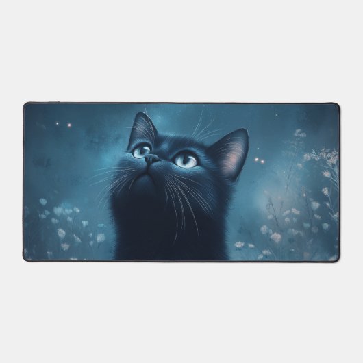 Midnight Black Cat Stargazing Night Sky Schreibtischunterlage (Vorderseite)