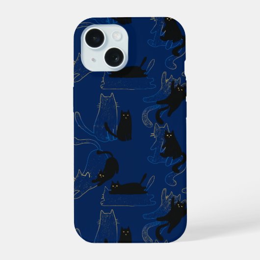 Midnight Black Cats– modern minimal Pattern iPhone 15 Hülle (Rückseite)