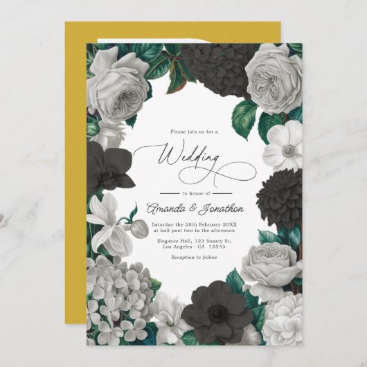 Midnight Black, Oyster Gray & Soft Linen Wedding Einladung (Vorne/Hinten)