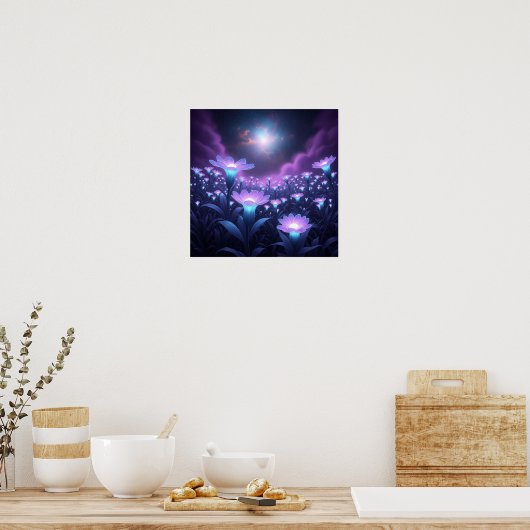 Midnight Bloom Field under Glowing Cosmic Sky Poster (Küche)