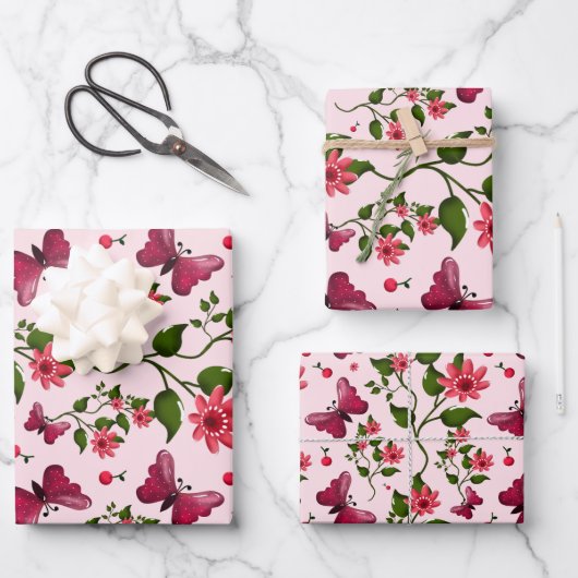 Midnight Bloom Schmetterling Floral  Geschenkpapier Set (Vorderseite)