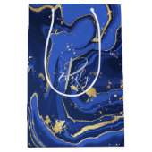 Midnight Blue Agate Abstrakt Name Monogram Mittlere Geschenktüte (Vorderseite)