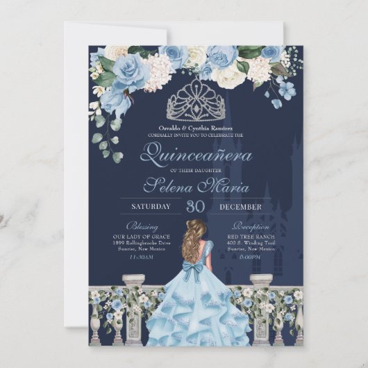 Midnight Blue Ainderella Princess Quinceañera Einladung (Vorderseite)