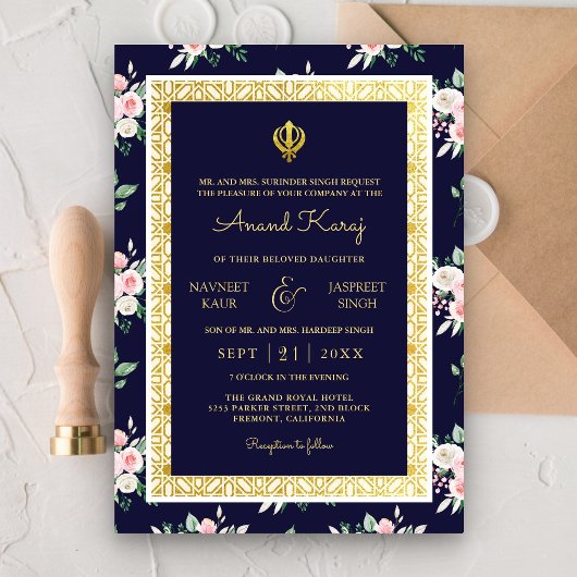 Midnight Blue Anand Karaj Punjabi Sikh Wedding Einladung