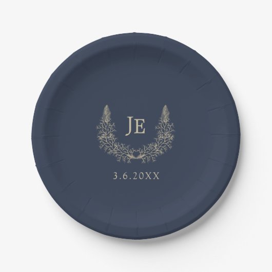 Midnight Blue and Gold Initials Wedding Pappteller (Vorderseite)