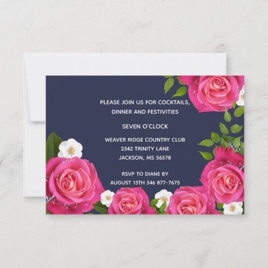 Midnight Blue and Pink Rose Wedding - Empfang Einladung (Rückseite)
