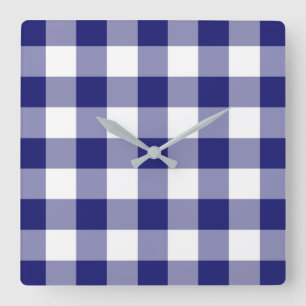 Midnight Blue And White Checked Gingham Pattern Quadratische Wanduhr