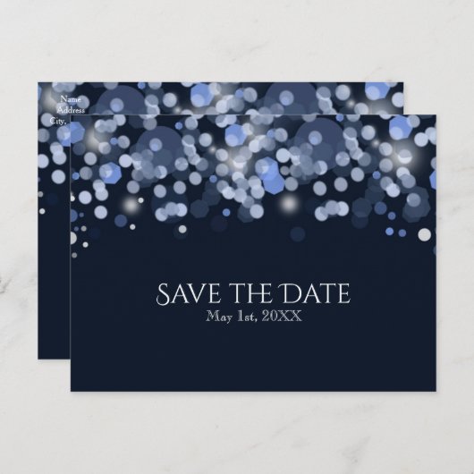 Midnight Blue Bokeh Lights Wedding Save the Date Ankündigungspostkarte (Vorne/Hinten)