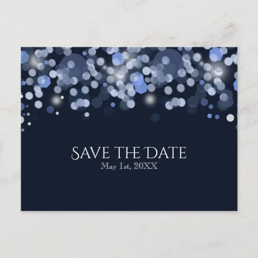 Midnight Blue Bokeh Lights Wedding Save the Date Ankündigungspostkarte (Vorderseite)