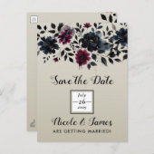 Midnight Blue Burgundy Inky Floral Almond Wedding Ankündigungspostkarte (Vorne/Hinten)