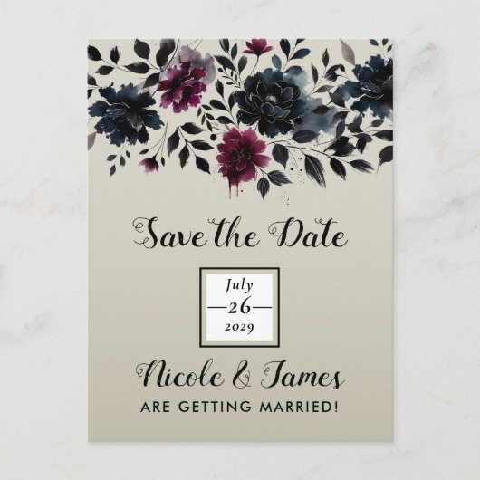 Midnight Blue Burgundy Inky Floral Almond Wedding Ankündigungspostkarte (Vorderseite)