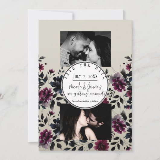 Midnight Blue Burgundy Inky Floral Almond Wedding Einladung (Vorderseite)