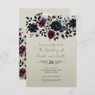 Midnight Blue Burgundy Inky Floral Almond Wedding Einladung