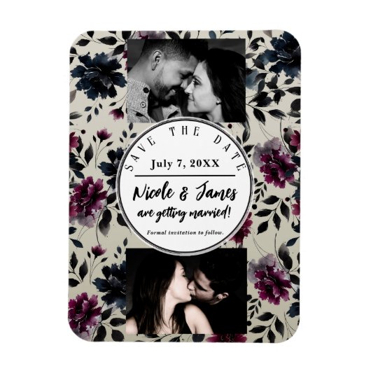 Midnight Blue Burgundy Inky Floral Almond Wedding Magnet (Vertikal)