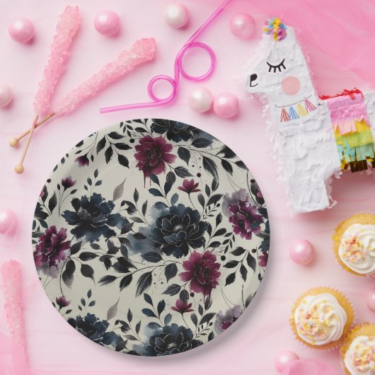 Midnight Blue Burgundy Inky Floral Almond Wedding Pappteller (Party)