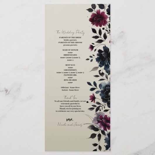 Midnight Blue Burgundy Inky Floral Almond Wedding Programm (Rückseite)