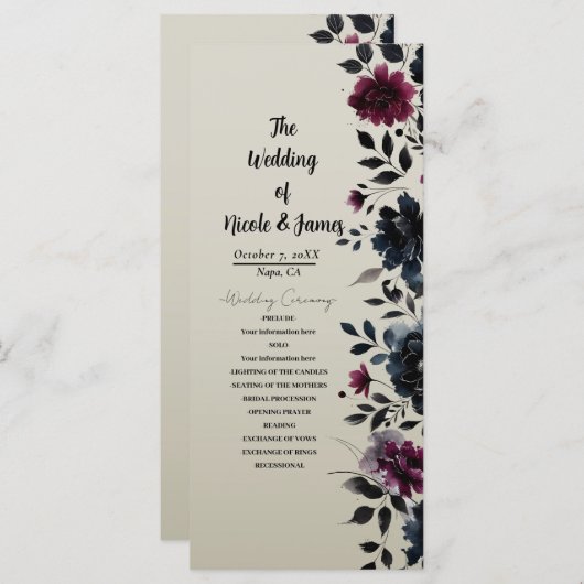 Midnight Blue Burgundy Inky Floral Almond Wedding Programm (Vorne/Hinten)