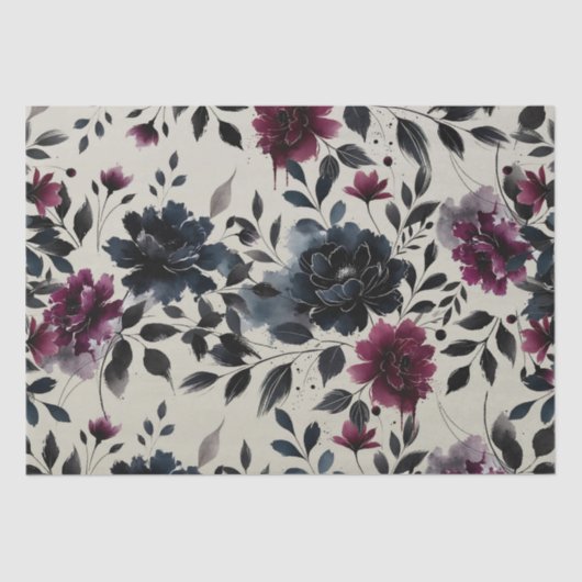Midnight Blue Burgundy Inky Floral Almond Wedding Seidenpapier (Vorderseite)