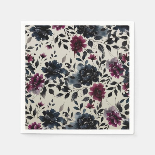Midnight Blue Burgundy Inky Floral Almond Wedding Serviette (Vorderseite)