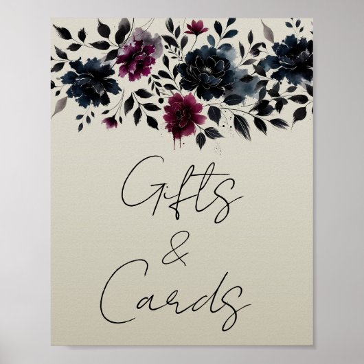 Midnight Blue Burgundy Inky Floral Guestbook Sign Poster (Vorne)