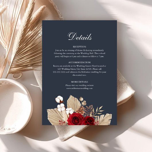 Midnight Blue Burgundy Rose Wedding Details Card Einladung