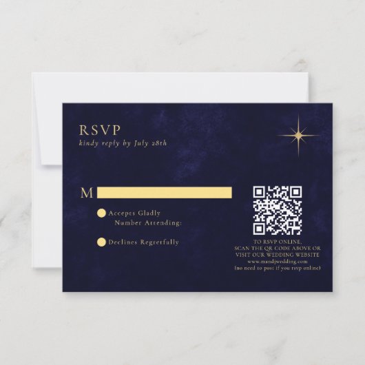 Midnight Blue Celestial Gold Stars Wedding QR Code RSVP Karte (Vorderseite)