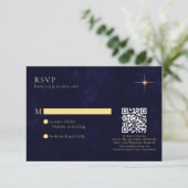 Midnight Blue Celestial Gold Stars Wedding QR Code RSVP Karte (Stehend Vorderseite)