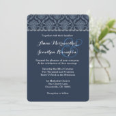 Midnight Blue Damask Wedding V02 Einladung (Stehend Vorderseite)