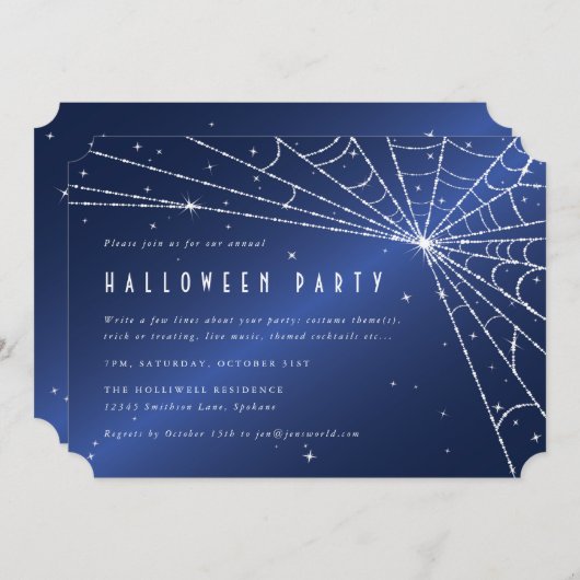 Midnight Blue Diamond Spider Web Halloween-Party Einladung (Vorne/Hinten)