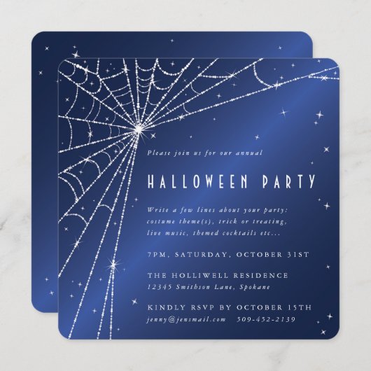 Midnight Blue Diamond Spider Web Halloween-Party Einladung (Vorne/Hinten)