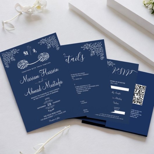 Midnight Blue Floral Islamische Nikah Wedding Einladung