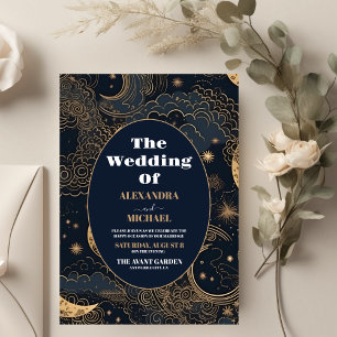 Midnight Blue Gold Celestial Wedding Einladung