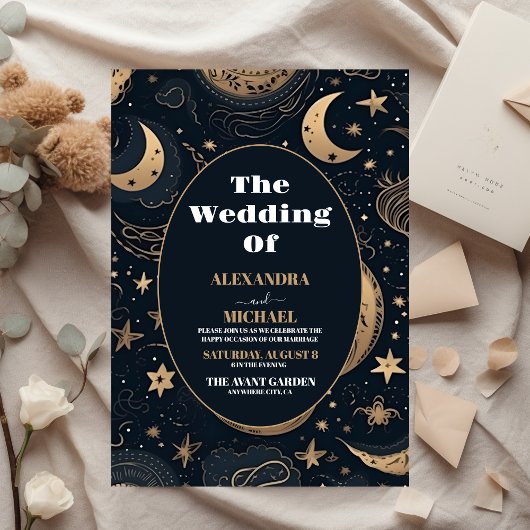Midnight Blue Gold Celestial Wedding Einladung