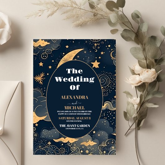 Midnight Blue Gold Celestial Wedding Einladung
