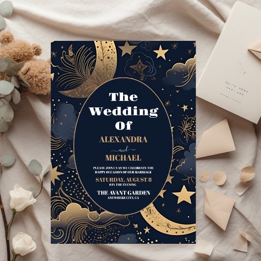 Midnight Blue Gold Celestial Wedding Einladung